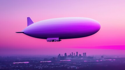 Naklejka premium A vibrant zeppelin gliding through a pastel sky at sunset, creating a mesmerizing view over the city skyline.