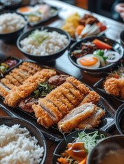 A traditional Japanese meal featuring crispy tonkatsu, bowls of rice, and assorted sides arranged on a table, ready to be enjoyed.