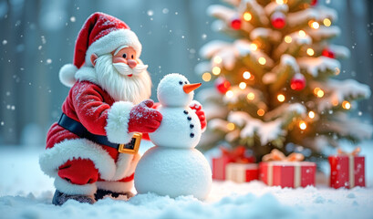 Fototapeta premium Santa Claus makes a snowman on the background of a Christmas tree