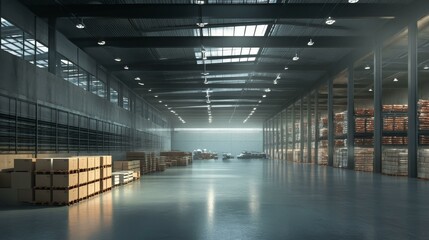 Obraz premium Spacious Industrial Warehouse Interior with Modern Design and Efficient Storage Solutions