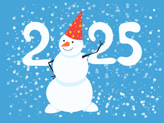 Snowman and 2025. New Year card or illustration.