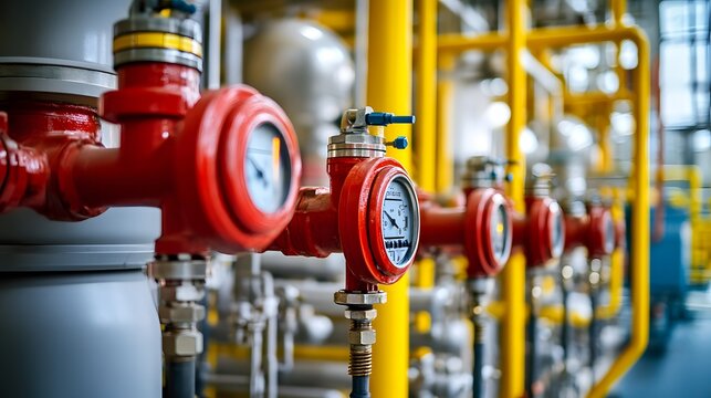 A close-up of automatic fire suppression nozzles and gas shutoff systems near reactor vessels in a petrochemical plant.