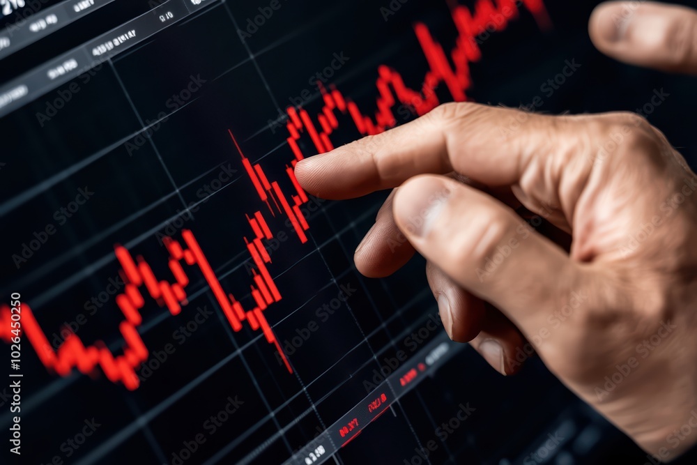 Poster close up of a hand analyzing stock market data on a digital screen with red graphs.