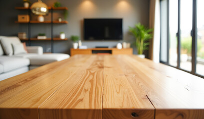 Fototapeta premium the surface of a wooden table in a blurred living room
