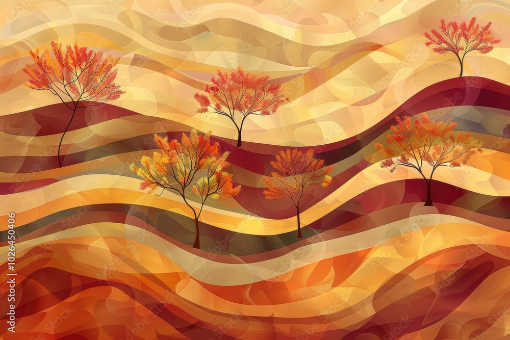 Poster abstract autumn landscape with flowing lines and gradient transitions in rich reds and oranges for p