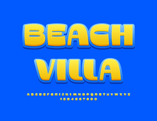 Vector travel logo Beach Villa. Stylish Yellow and Blue Font. Bright Elegant Alphabet Letters and Numbers set.