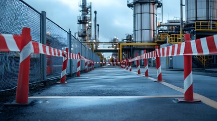 Safety barriers and restricted access areas cordoned off with hazard tape inside a petrochemical facility.