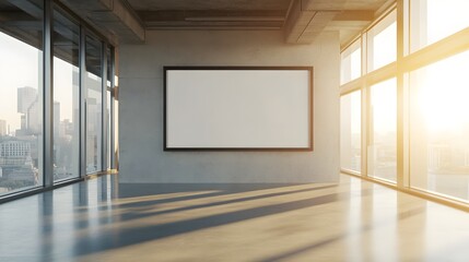 Fototapeta premium 3. A modern office scene showcasing an empty poster frame on a polished concrete wall, with daylight filtering in from expansive windows, emphasizing the potential for creative advertising