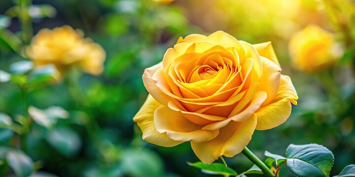 Panoramic view of blooming bright yellow rose in the garden