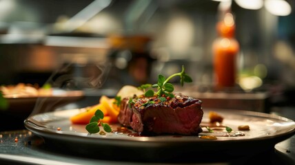 Gourmet Steak Dinner with Vegetables in Elegant Restaurant Setting