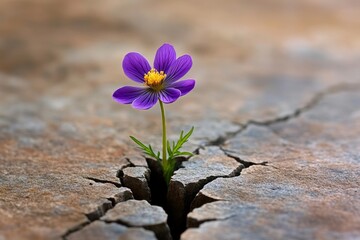 Single Pasque flower growing between cracks in a rock, symbolizing resilience and beauty in the face of adversity