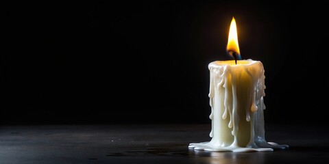 Panoramic view of burning white candle on black background