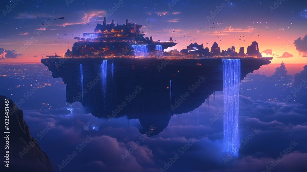 Canvas Prints A floating island with waterfalls and a mystical cityscape at sunset.