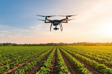 Drone flying over a green agricultural field at sunset, showcasing precision farming technology.