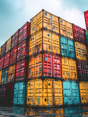Fototapeta premium stacked shipping containers extending upwards against a cloudy, moody sky at an industrial port.