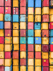 Fototapeta premium stacked shipping containers extending upwards against a cloudy, moody sky at an industrial port.