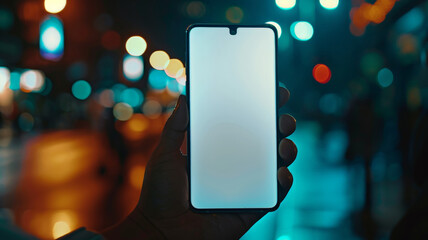 Smartphone in Hand Against Vibrant City Night Lights