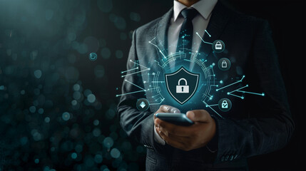 Cyber security network. Data protection concept. Businessman using laptop computer and digital tablet with padlock on network security technology with cloud computing, data management, cybersecurity