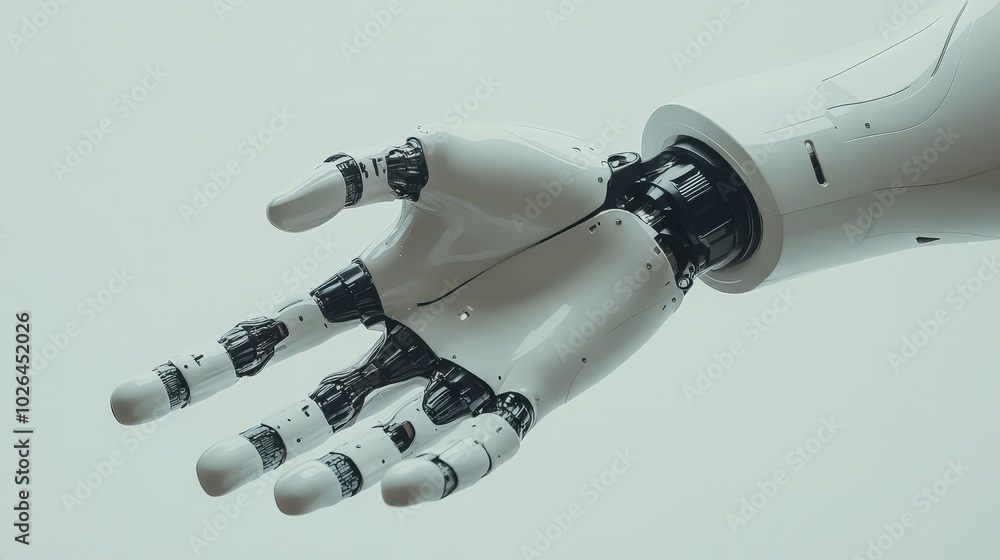 Poster futuristic robotics engineer calibrating prosthetic hand - innovative biomechatronics design