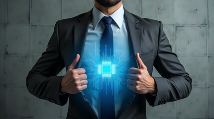 His super abilities. Mixed media circuit board information technology IT manager computer digital employee virtual super hero symbol power of businessman