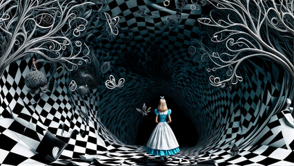 In a whimsical and scary forest on Halloween Eve stands Alice in a vibrant fantasy Wonderland