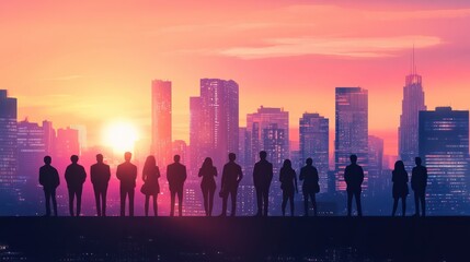 Silhouettes of business people against urban skyline at sunset