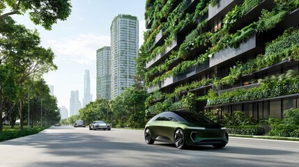 Obraz premium Futuristic electric car driving past a green, lush building in a modern city.