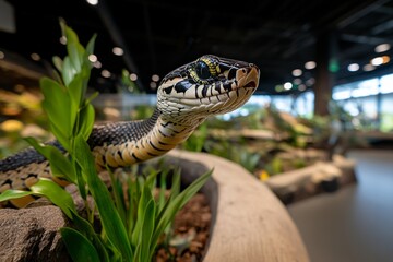 Tropical reptile house, where snakes, lizards, and turtles move through intricately designed habitats that mimic their natural environments