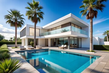 Fototapeta premium Exterior of amazing modern minimalist cubic villa with large swimming pool among palm trees
