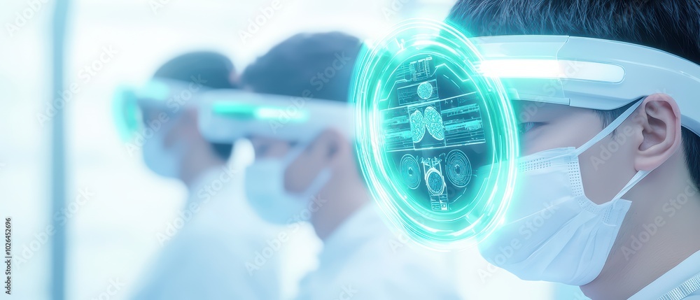 Poster futuristic scientists wearing advanced technology in a laboratory setting with glowing goggles and m