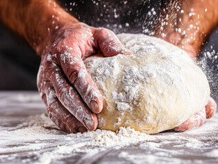Fototapeta premium A close-up of hands kneading dough, surrounded by flour, capturing the art of baking and the texture of freshly made bread.