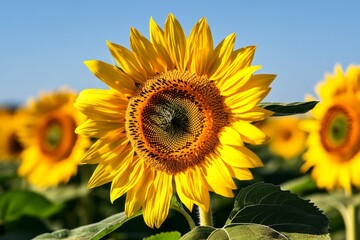 Naklejka premium Vast field of sunflowers stretching toward the horizon, with bright yellow petals facing the sun and a clear blue sky above