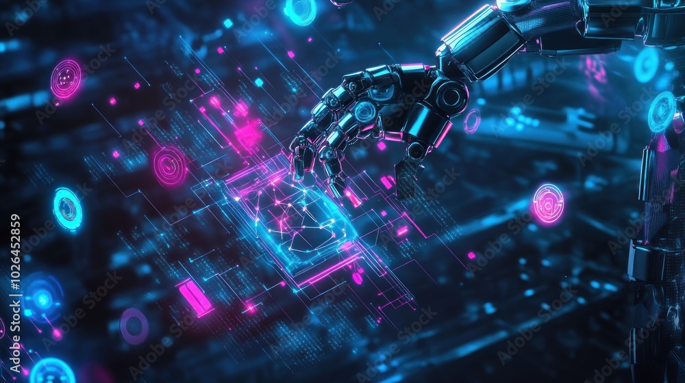 Aufkleber a robotic hand interacts with a digital interface, showcasing advanced technology and data.