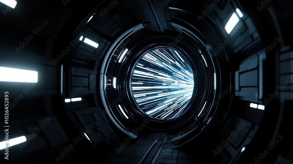 Poster futuristic tunnel with dynamic light beams, creating a sense of speed and motion.