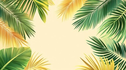 A vibrant illustration of tropical palm leaves framing a blank space.