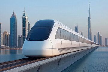 Fototapeta premium Futuristic train on an elevated track, surrounded by modern skyscrapers, showcasing urban transportation innovation.
