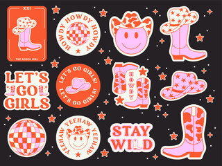 Set of Cowgirl Pink Stickers. Vector Design Elements. Collection of Cowgirl Boots, Hat and Disco Ball. Wild West, Western Themed, Y2K.