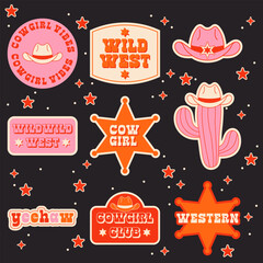 Set of Cowgirl Stickers. Vector Design Elements. Collection of Cowgirl. Wild West, Western Themed, Y2K.