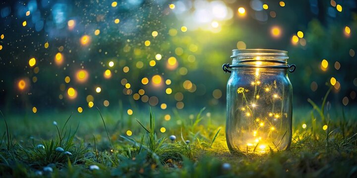 Panoramic view of fireflies in a jar on a summer night