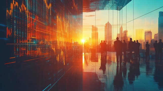 Stock market business and trading concept with digital screen with financial chart graphs and candlestick and group of people in office at sunset, double exposure