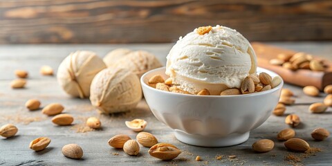 Fototapeta premium Panoramic view of fresh coconut milk ice cream and roasted peanuts
