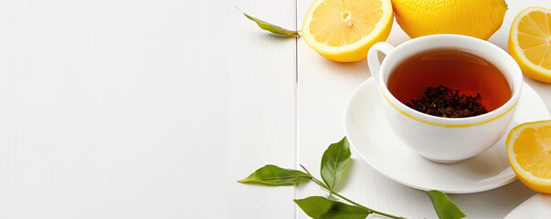 A warm cup of tea sits beside fresh lemon slices and green leaves, creating a refreshing and inviting atmosphere.