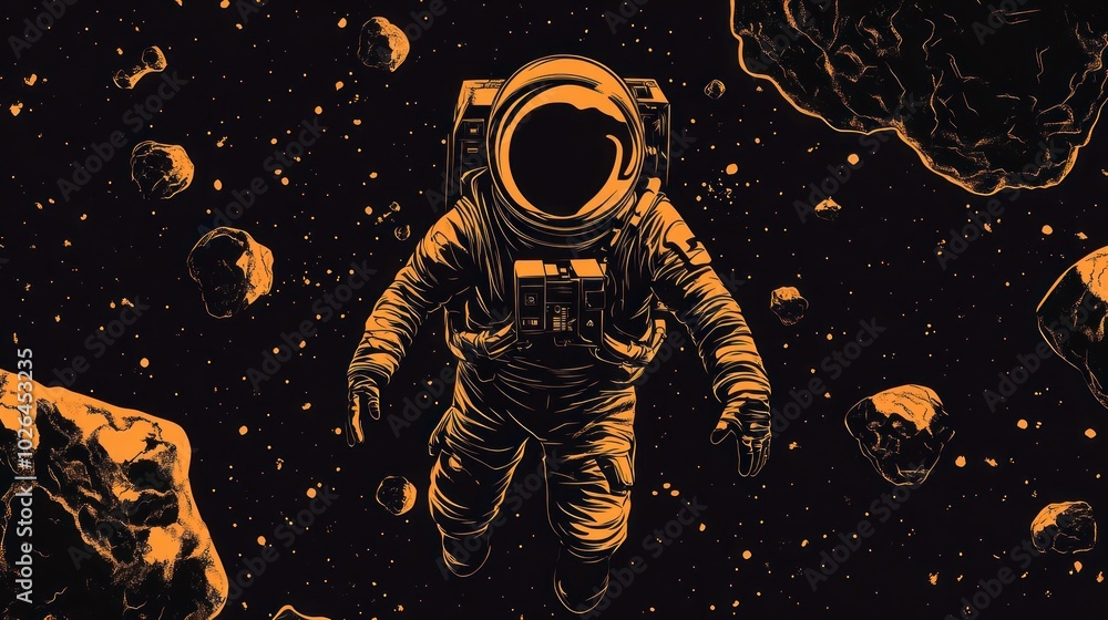 Poster an astronaut floats in space surrounded by asteroids, illustrating exploration and adventure.