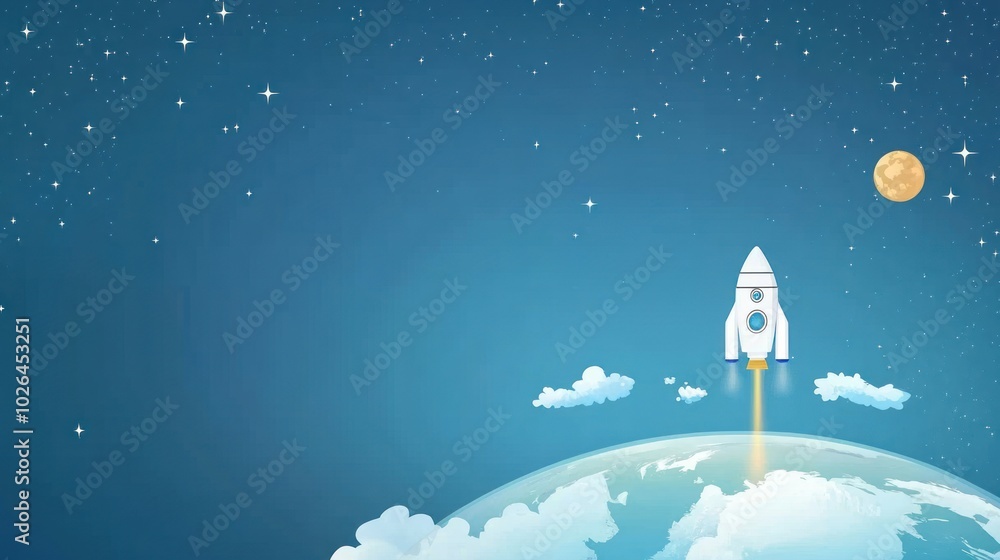 Poster a rocket launching into space against a starry background with clouds and a moon.