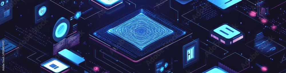 Poster abstract digital design featuring circuitry and data patterns.