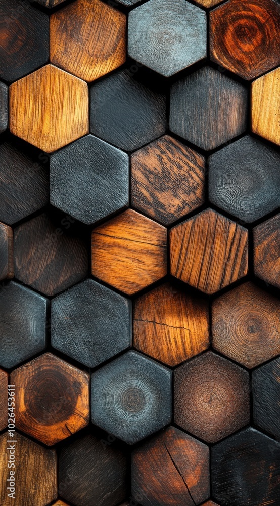 Poster close-up of wooden hexagonal tiles creating a geometric pattern with rich tones and natural textures