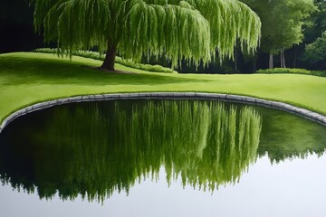Watercolor painting of a weeping willow by a pond, with soft, flowing brushstrokes capturing the gentle movement of the branches and the peaceful reflection in the water