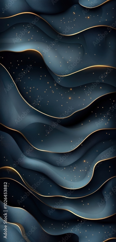 Poster abstract dark blue and gold wallpaper with flowing wave-like patterns creating a sense of depth and 