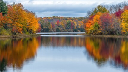 A tranquil lake with a reflection of colorful autumn trees in the water.