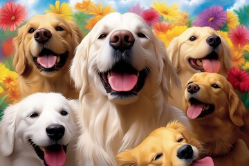 Watercolor scene of a group of dogs playing in a park, where the vibrant colors blend gently to show the joy and excitement of outdoor fun